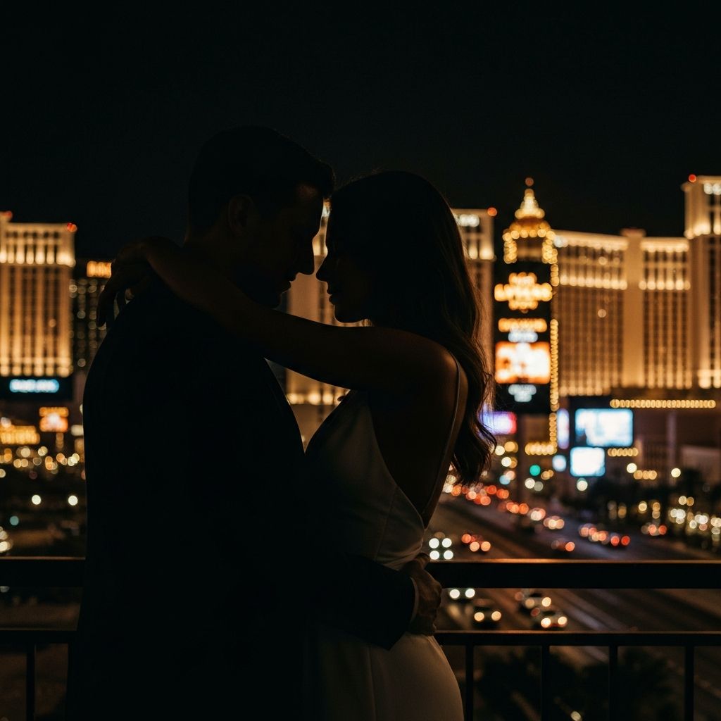 Intimate couple silhouette against Las Vegas lights